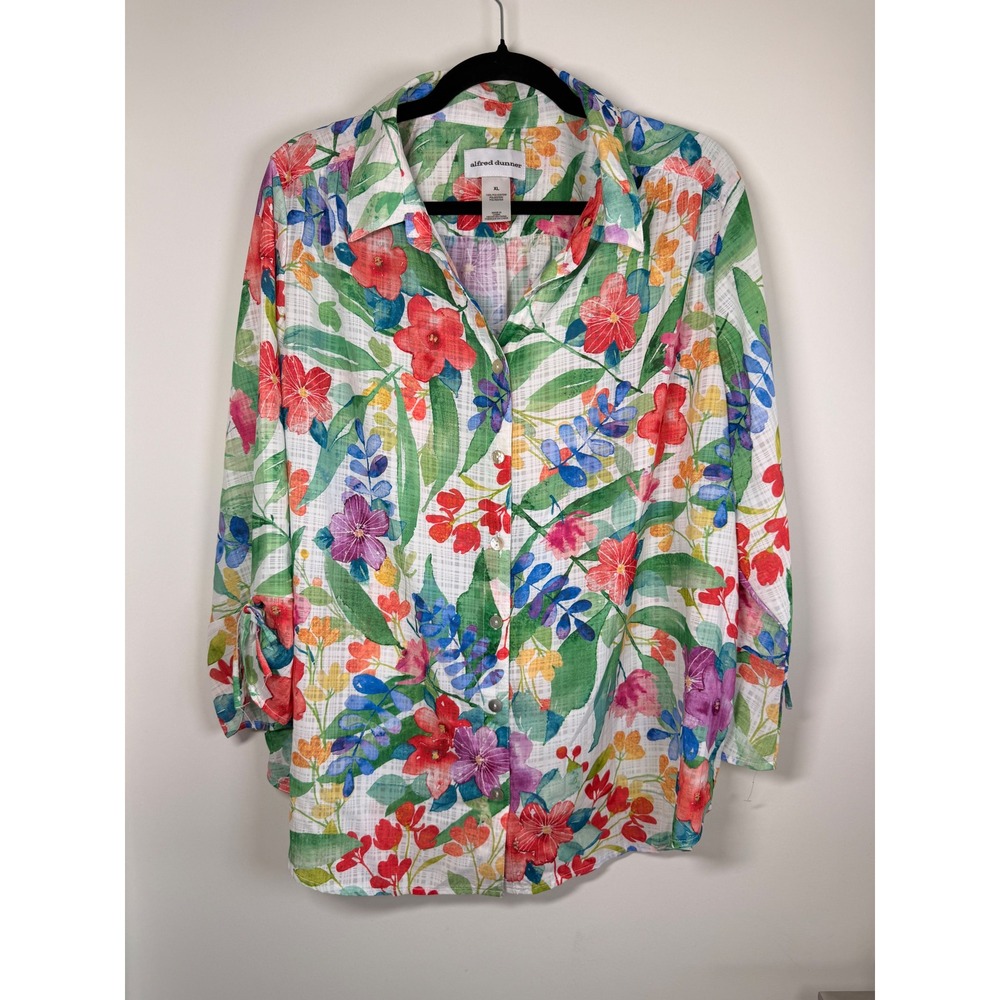 Alfred Dunner Button Down Shirt Womens XL White Floral NWT Tropical 3/4 Sleeve